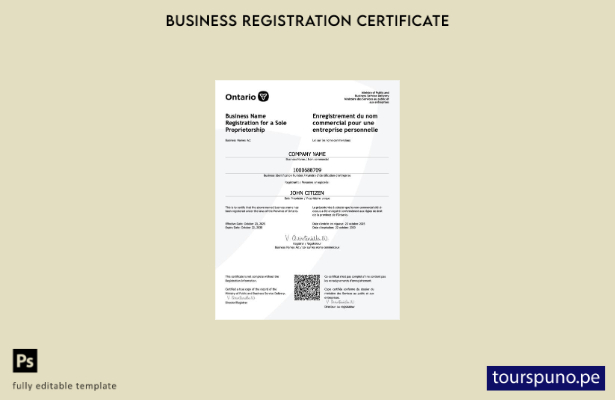 listo para imprimir Certificado de registro de nombre comercial de Canadá Ontari